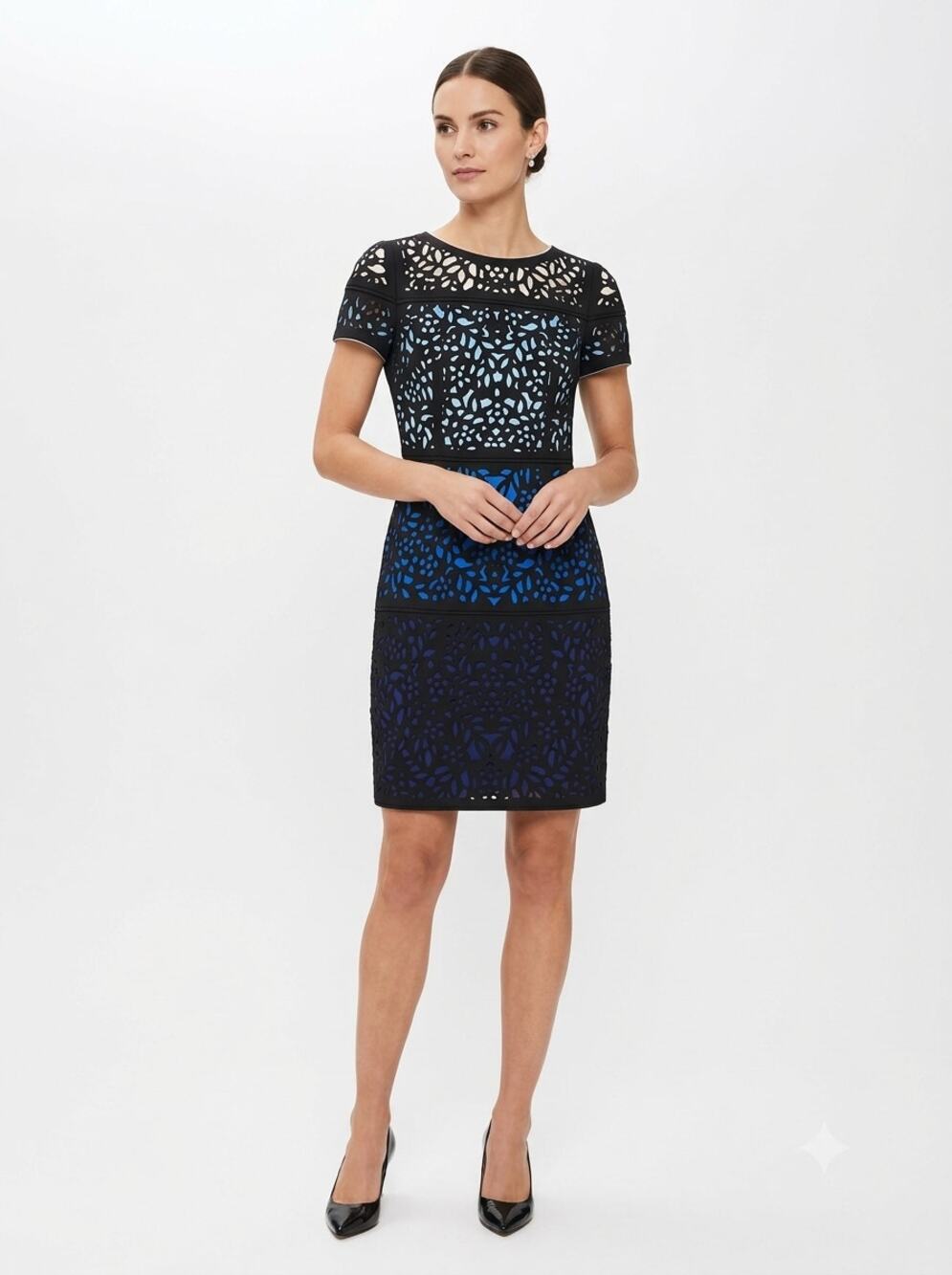 Shani Midi Sheath Dress Womens 10 Blue Black Ombre Floral Laser Cut Out Cocktail
